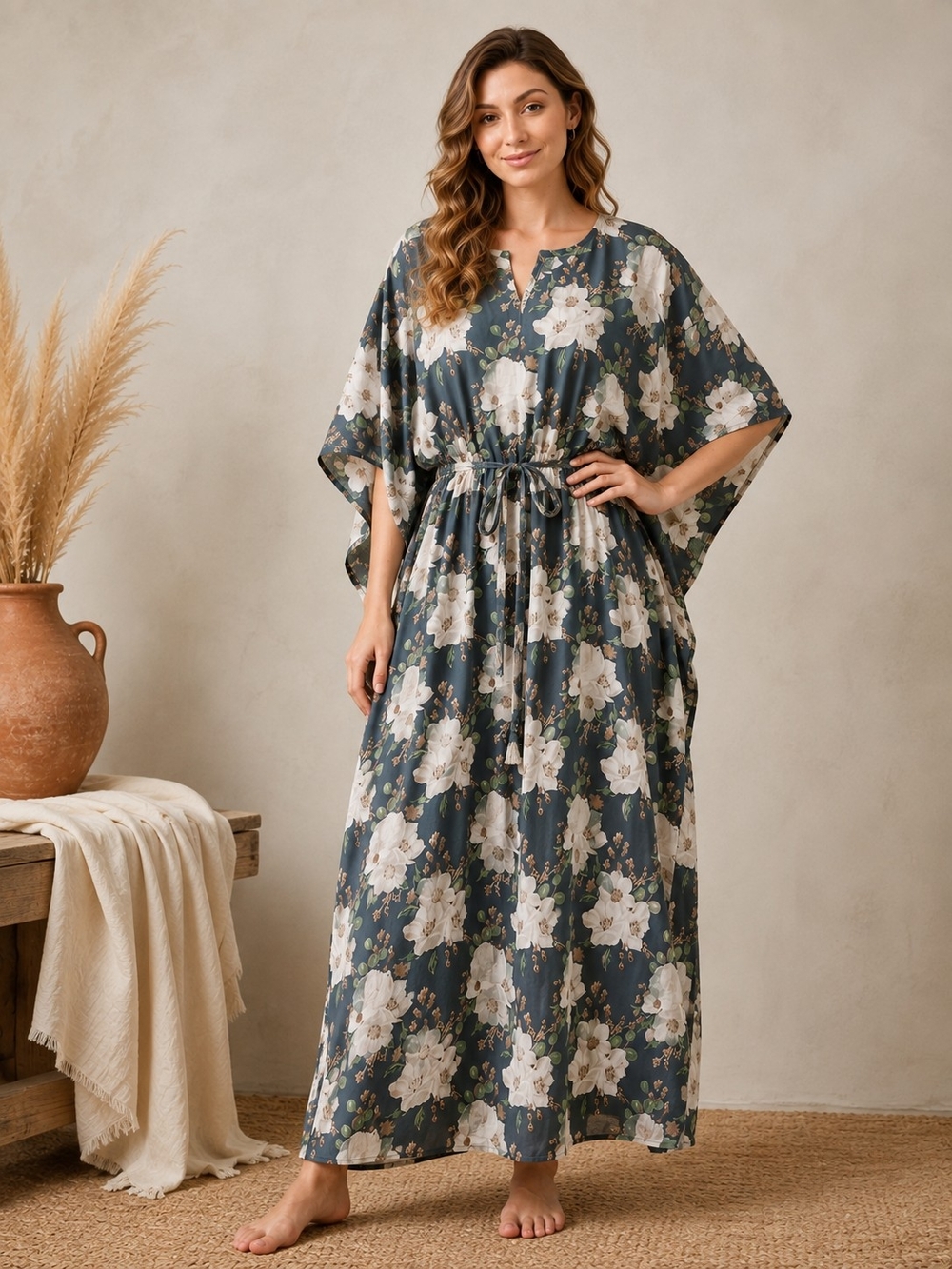Mahogany Juliana Kaftan Floral Cotton Sage Green & Cream NWT